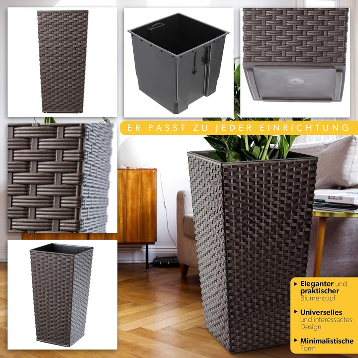 KADAX Pflanzkübel mit Innentopf, Höhe 68cm, Mokka Rattan – Wetterfester Blumentopf für Innen & Ausse