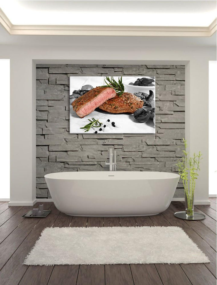 saftiges Medium Steak schwarz/weiss Format: 100x70 auf Leinwand, XXL riesige Bilder fertig gerahmt m