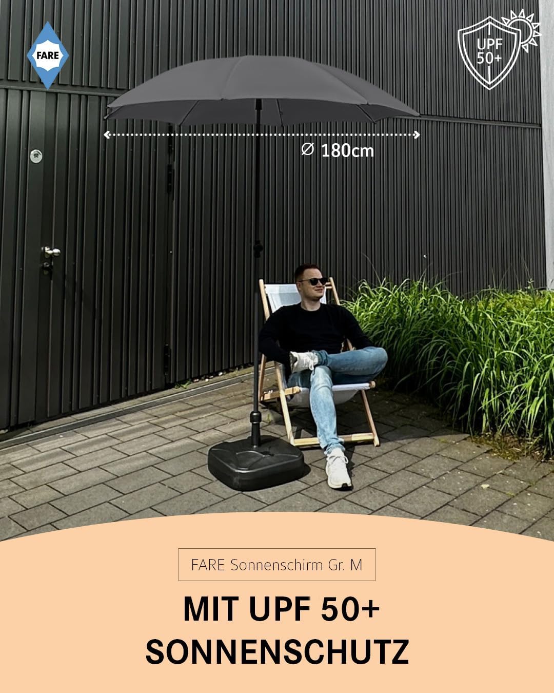 FARE Sonnenschirm Gr. M - 180 cm Durchmesser - UV-Schutz 50+ für Balkon Garten Terrasse Sommer - Tit