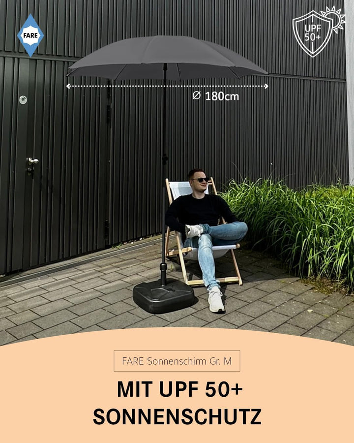 FARE Sonnenschirm Gr. M - 180 cm Durchmesser - UV-Schutz 50+ für Balkon Garten Terrasse Sommer - Tit