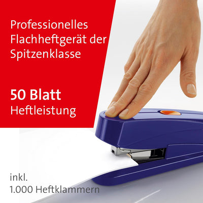 Novus B 8 FC Heftgerät (50 Blatt, Flachheftung, Hebelfunktion, inkl. 1000 Heftklammern) blau, blau