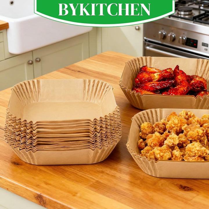 BYKITCHEN 100 Stück Airfryer Backpapier für Philips 6.2L/COSORI 5.5L,6L,6.2L, 20cm-24cm, Heissluftfr