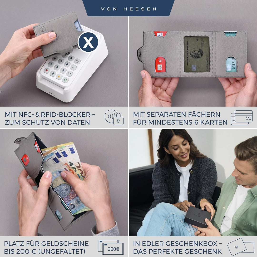 VON HEESEN Slim Wallet mit RFID Schutz - Geldbörse Herren klein - Mini Geldbeutel Damen Portmonee -