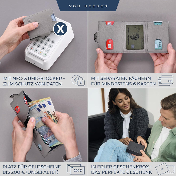 VON HEESEN Slim Wallet mit RFID Schutz - Geldbörse Herren klein - Mini Geldbeutel Damen Portmonee -