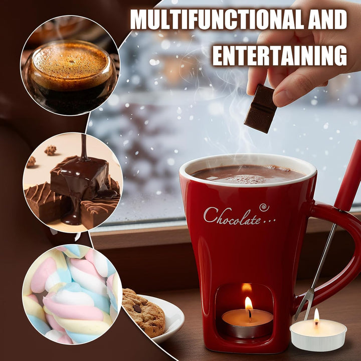 Schokofondue Tasse, 200ml Schokoladen Fondue Becher Set, Keramik Schokoladenfondue Set, mit Gabel un