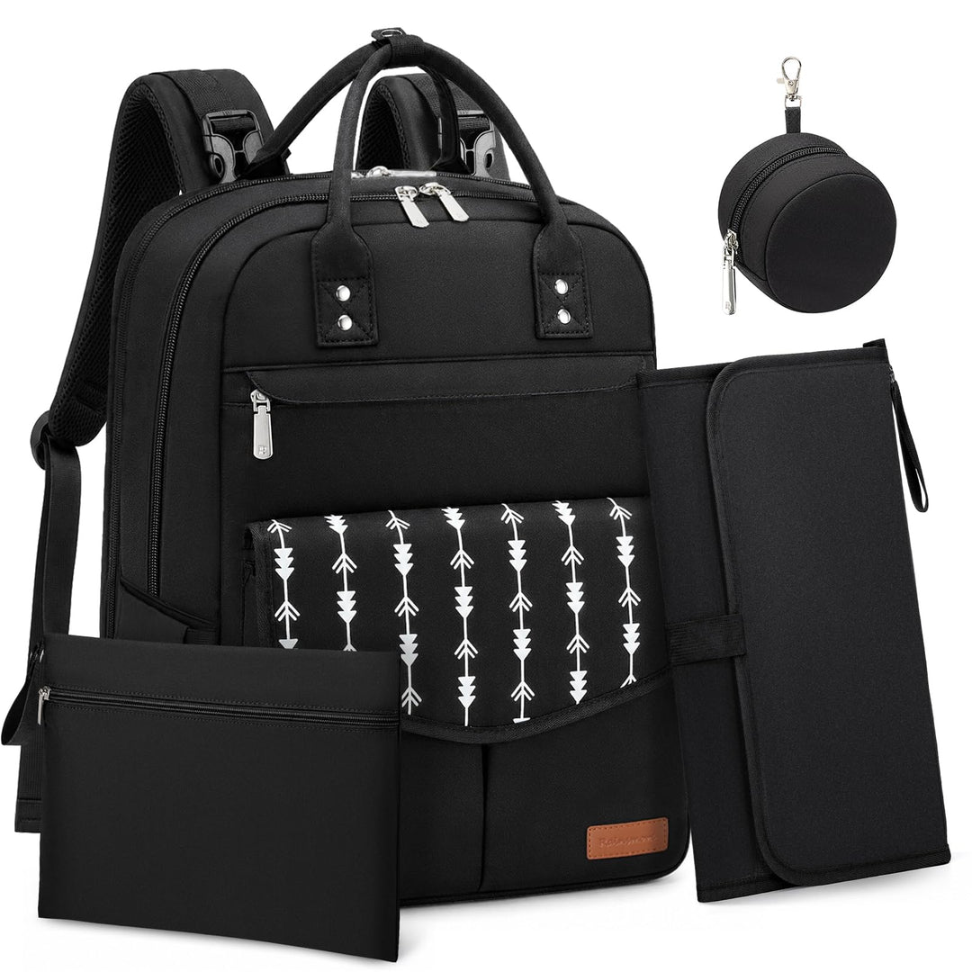 RAINSMORE Wickelrucksack Gross Baby Wickeltasche mit Wickelunterlage Schwarz | Wasserdichte Wickelta