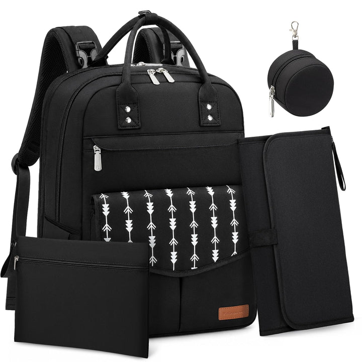 RAINSMORE Wickelrucksack Gross Baby Wickeltasche mit Wickelunterlage Schwarz | Wasserdichte Wickelta
