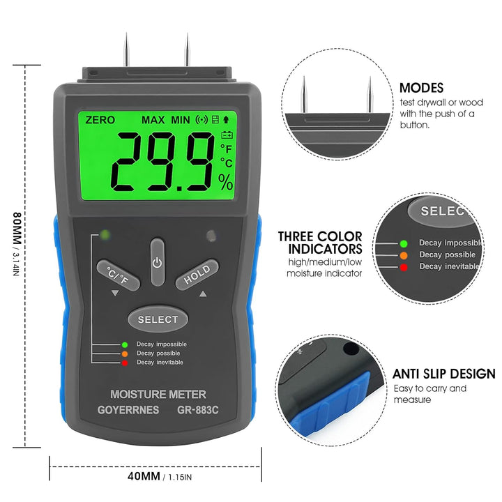 Feuchtigkeitsmessgerät,Pin Typ Digital Holzfeuchtemessgerät,GR-883C Handfeuchtesensor mit 3 farbigen