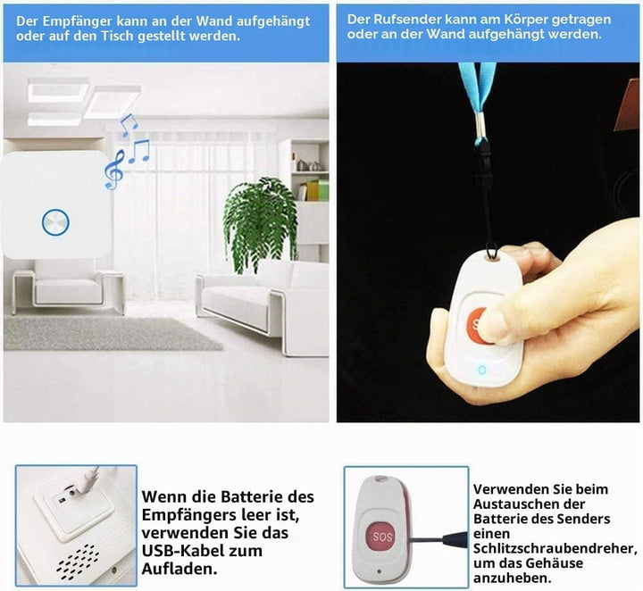 ALEENFOON Haus Wireless Mobiler Alarm Notruf Knopf Hausnotruf Panikalarm Wiederaufladbar Funkalarm f