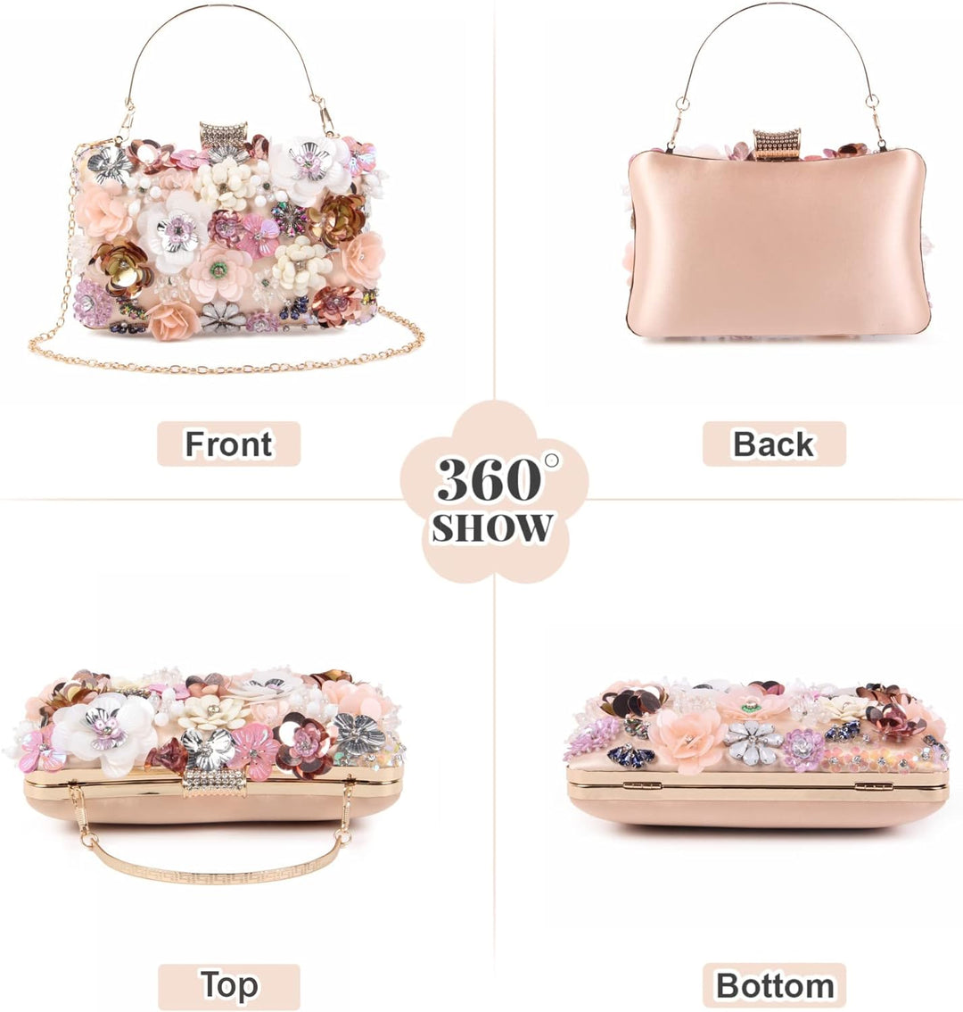 Fecialy Blumen-Clutch-Abendtaschen für Damen mit bunten Blumen-Metall-Strasssteinen Abend-Clutch-Gel