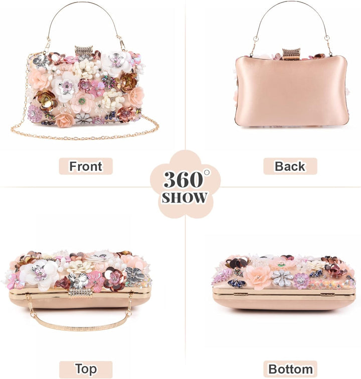 Fecialy Blumen-Clutch-Abendtaschen für Damen mit bunten Blumen-Metall-Strasssteinen Abend-Clutch-Gel