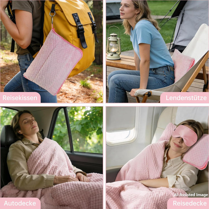 3 in 1 Reisedecke Ultraleicht und warm für Flugzeug und Auto - Tragbares aufblasbares Flugzeug Kisse