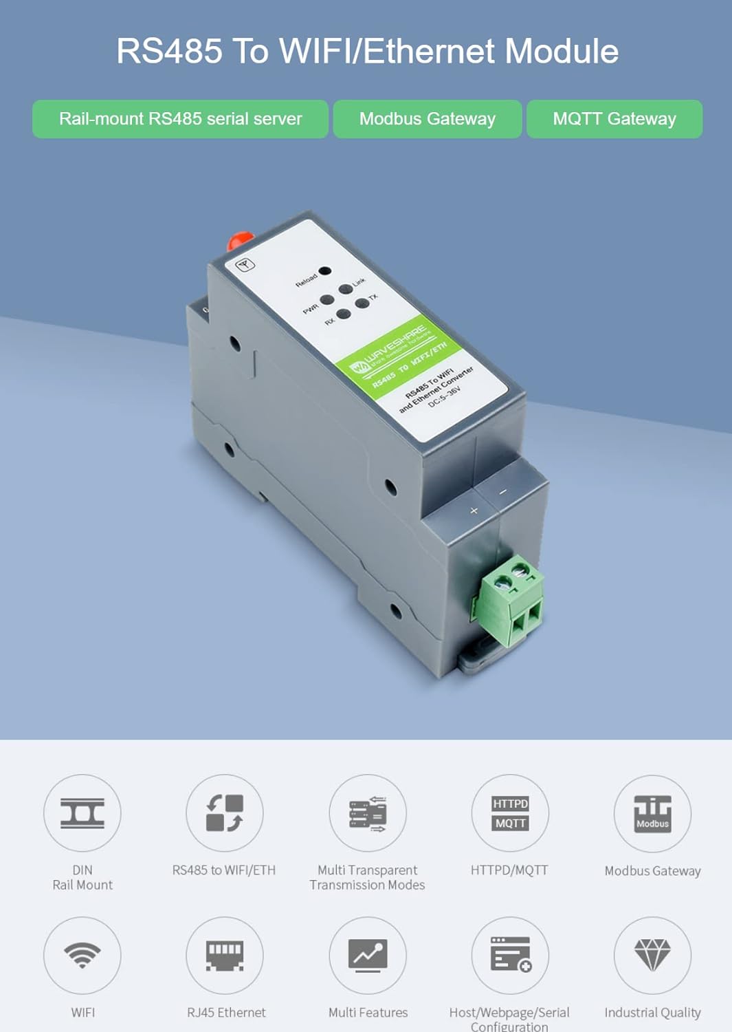RS485 zu WIFI/Ethernet Modul, Modbus MQTT Gateway, RS485 Serieller Server Rail-Mount, mit RS485, WIF