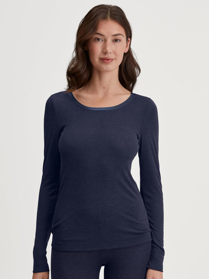 CALIDA True Confidence Langarmshirt Damen, aus Wolle-Seide, Feinripp, temperaturausgleichend und ger