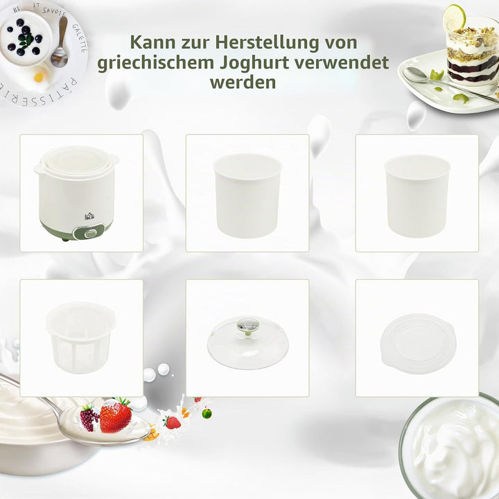 HOMCOM Joghurtbereiter, 1,5 L Joghurtmaschine mit Sieb, Deckel, 20 W Joghurt-Maker für griechischen