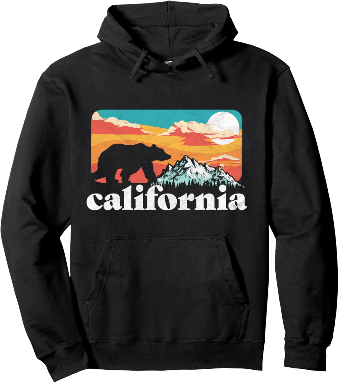 California Retro Bear & Mountain Vintage 80s Graphic Pullover Hoodie
