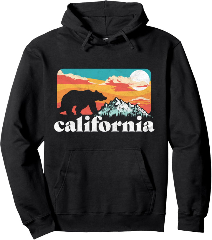 California Retro Bear & Mountain Vintage 80s Graphic Pullover Hoodie
