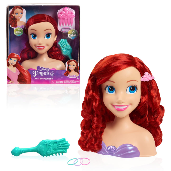 Disney Princess 20 cm Ariel Frisierkopf mit Zubehör, 7-teilig, rotes Haar, Kinderspielzeug ab 3 Jahr