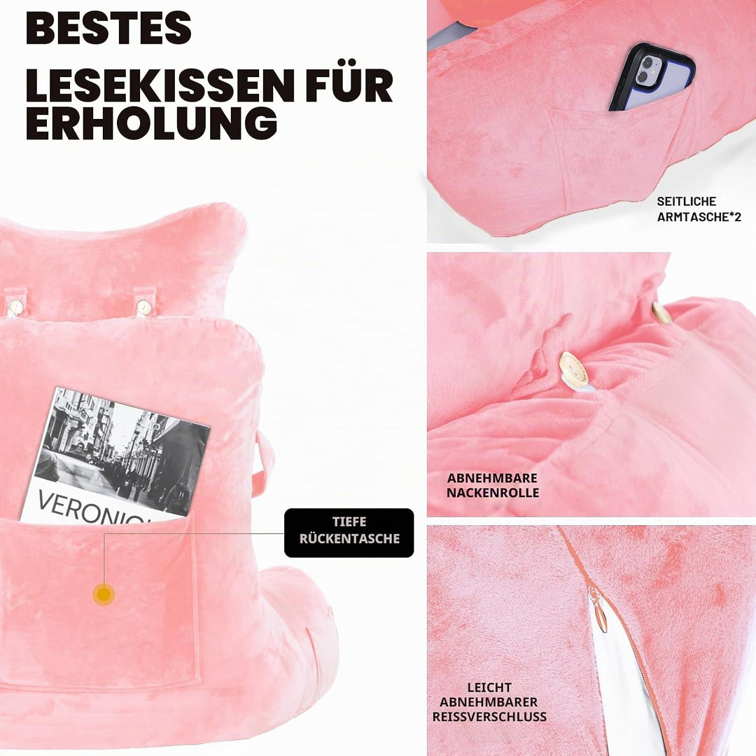 SLIGUY Lesekissen-Bettruhe-Kissen mit abnehmbarer Nackenrolle &amp; höherem Stützarm zum Sitzen im Bett,