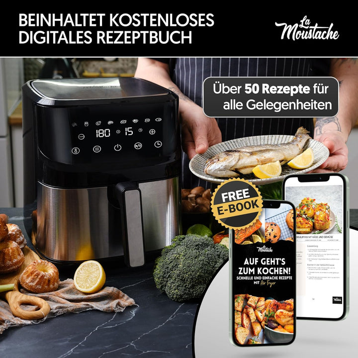La Moustache - Heissluftfritteuse 6,5 L, Ölfreie Fritteuse 1700 W, 8 Programmen, Air Fryer Digitale