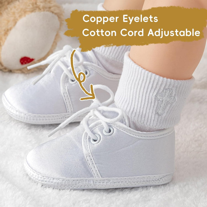 Booulfi Baby Jungen Schuhe Neugeborene Wihte Schuhe für Kleinkind Taufe Schuhe und Socken Set 0-18M,