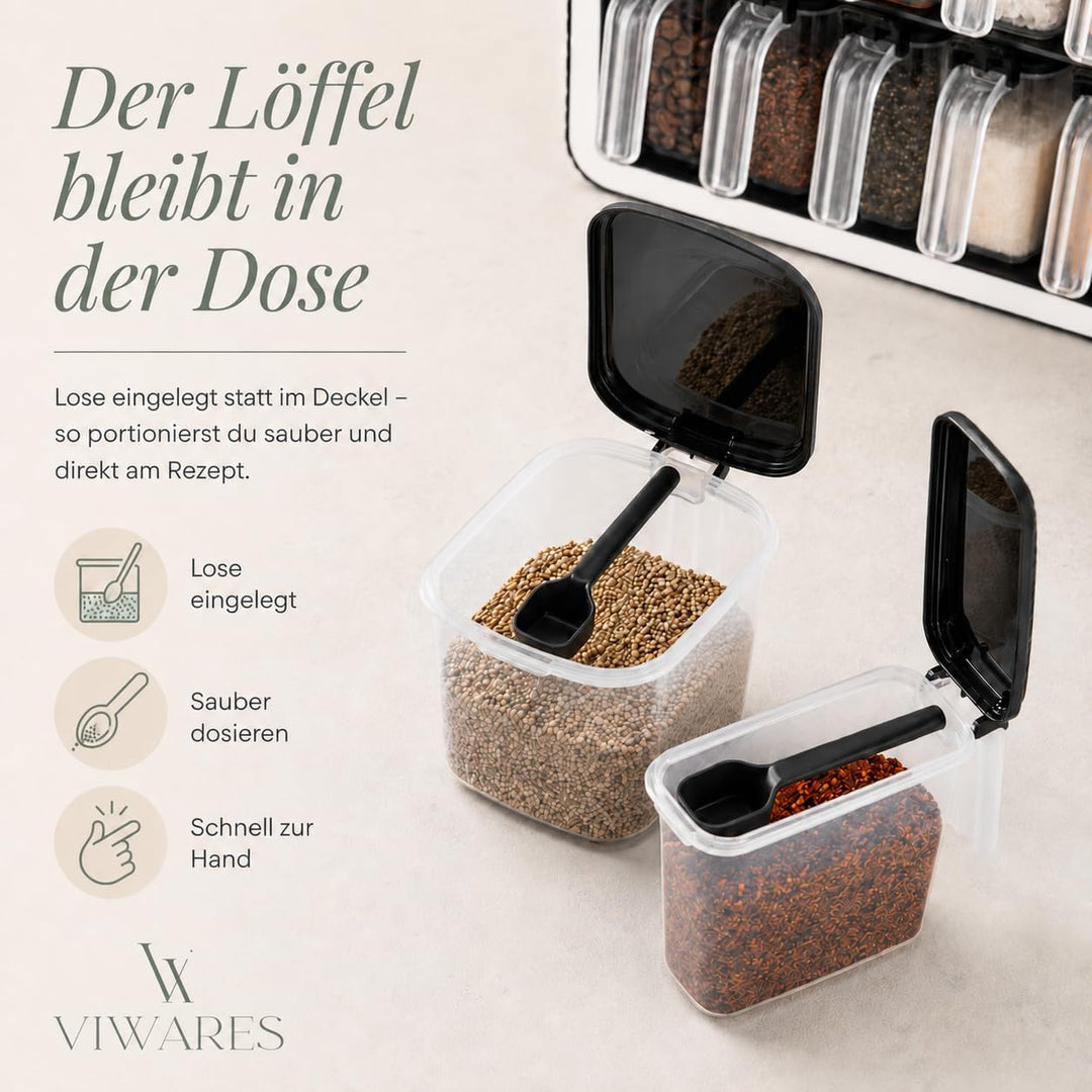 Gewürzdosen 12er Set mit Wandhalterung und Löffeln, Luftdicht, BPA-frei, Transparent, Gewürzdosen fü