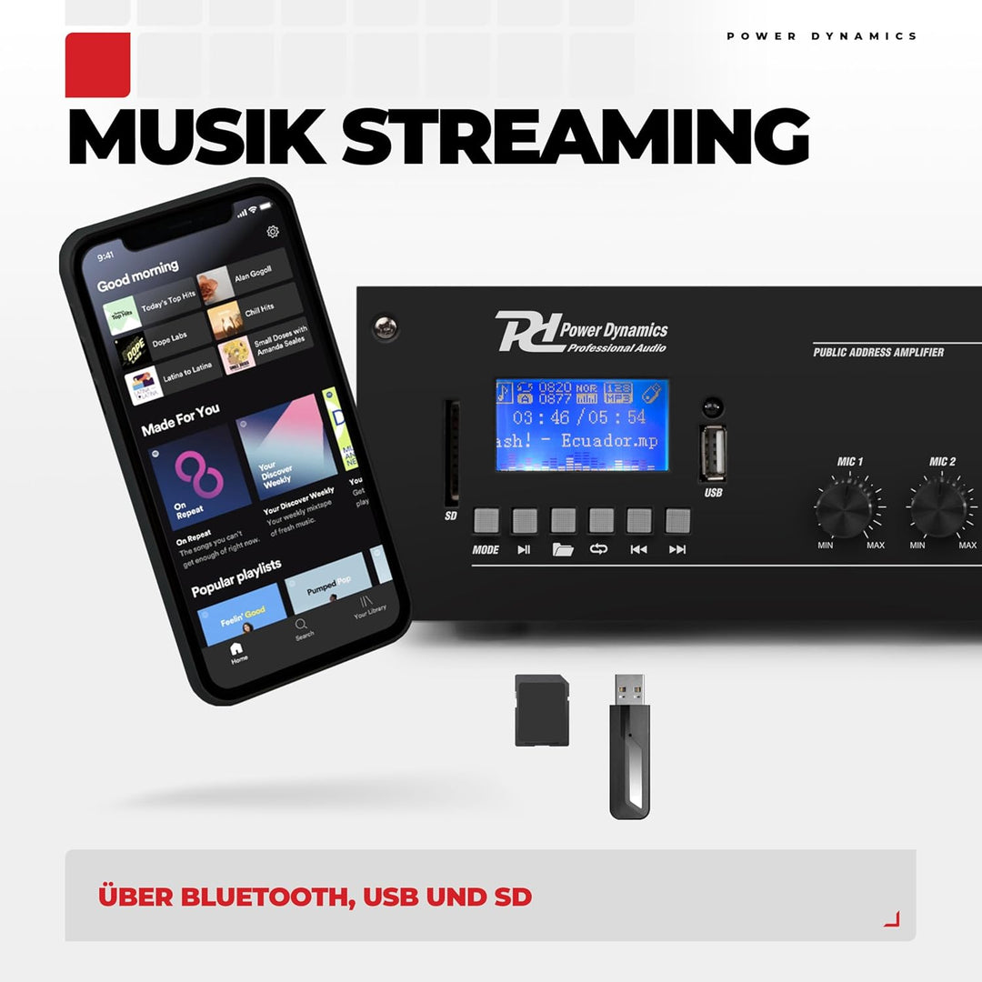 Power Dynamics PRM240-100 Volt-Verstärker für Lautsprecher- oder Musikanlagen mit u. a. Bluetoot und