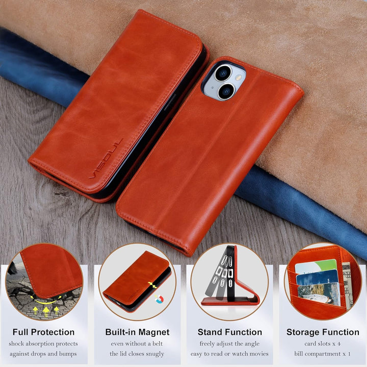 VISOUL iPhone 14 Plus Hülle, Stossfeste Handyhülle [Erstklassiges Rindsleder], TPU Schutzhülle [Kart