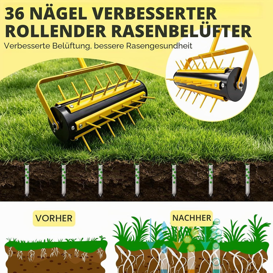 LIROPAU Rasenlüfter Walze, Rasenbelüfter Manuell, Handvertikutierer Rollend mit 36 Nägeln 5.8cm & T-