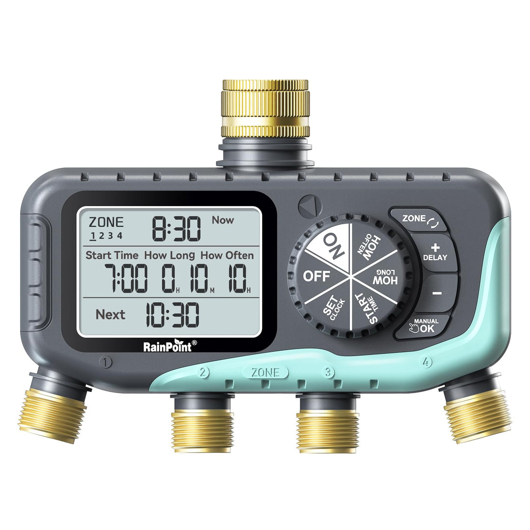RAINPOINT Bewässerungscomputer 4 Ausgänge, Messing Einlass und Auslass, IP65 Wasserdicht Wasserzeits