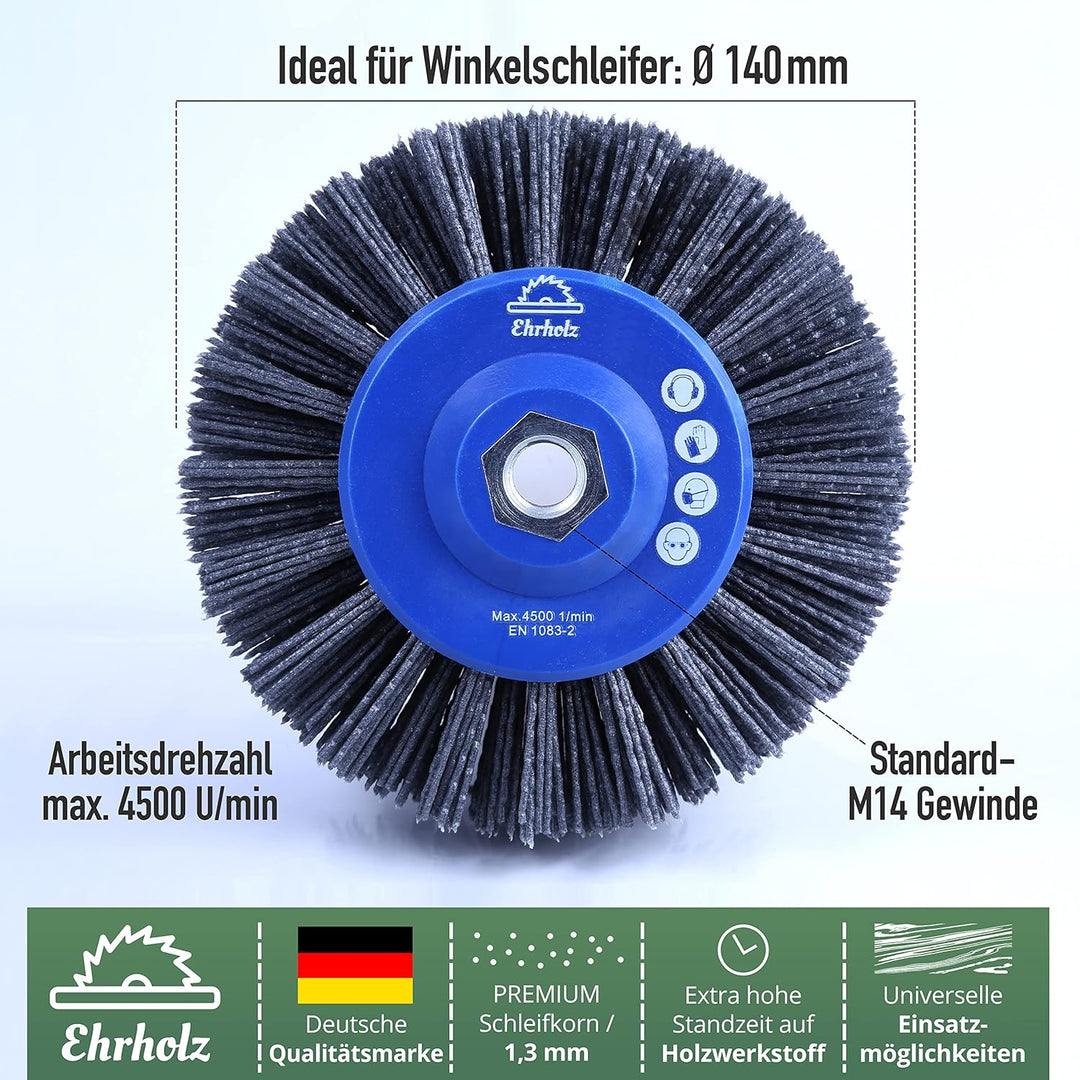 EHRHOLZ® Schleifbürste für Winkelschleifer | 140 mm Durchmesser | Rundbürste | Strukturierbürste | P