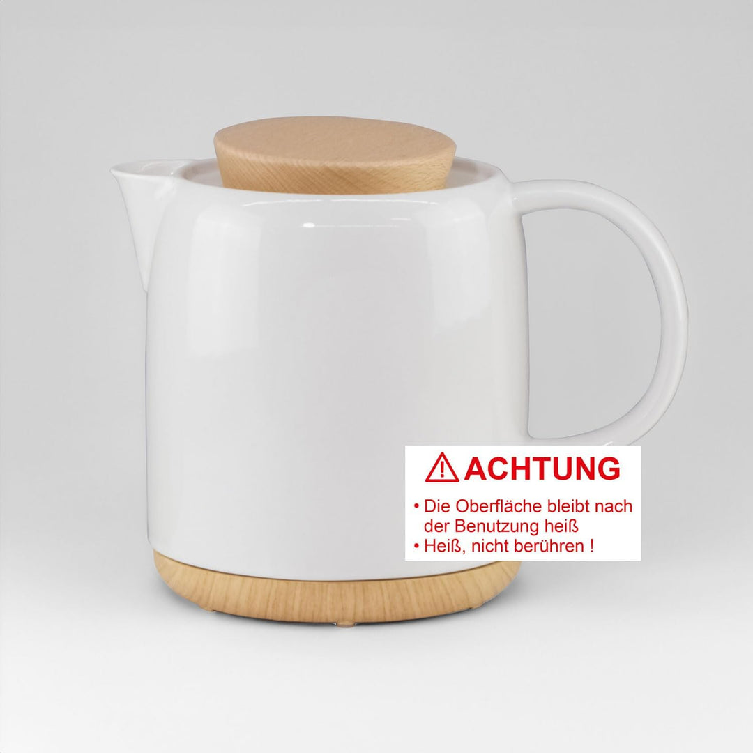Elektrischer Wasserkocher aus Keramik mit Holz-Deckel, 1 Liter Volumen, weiss - Modernes Design. 120