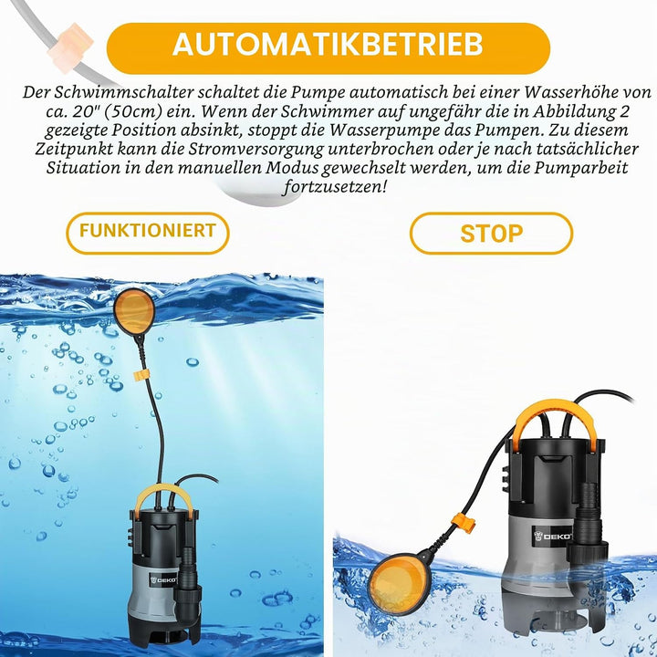 DEKO Wasserpumpe, Tauchpumpe 400W/8000L/H mit Schwimmerschalter für Schwimmbad, Badewanne und Garten