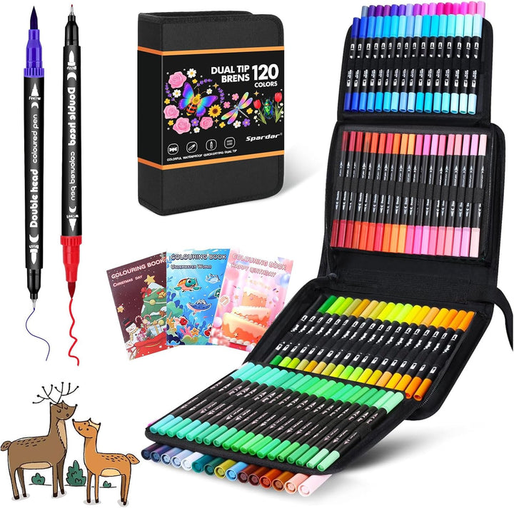Spardar 120 Filzstifte, Filzstifte Dicke und Dünne, Doppelspitze Mit Schwarzer Tragetasche Und 3 Mal