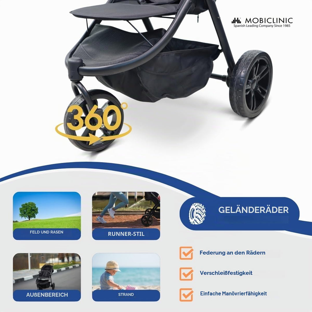 Mobiclinic® kids, 3-rad-kinderwagen, Agnes, Geländereifen, Einhandlenker, 5-punkt-gurtsystem, Rücken