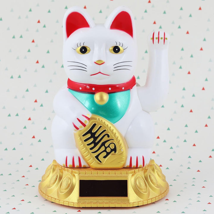 Freak Scene Glückskatze - Maneki-Neko - Winkekatze Solar - runder Sockel - 18 cm - weiss