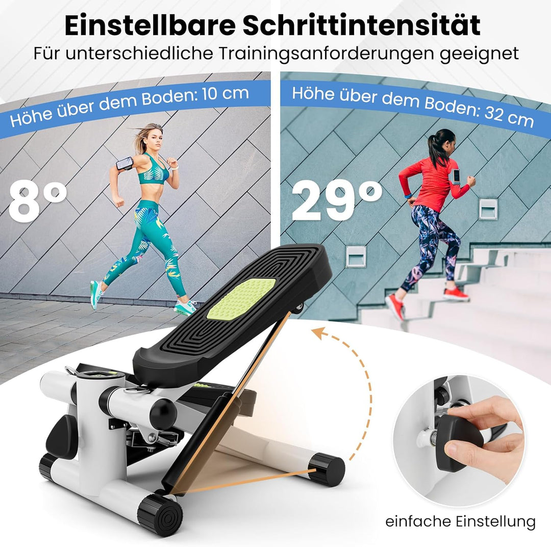 GYMAX Mini Stepper für Zuhause, Up-Down Stepper mit Power Ropes, LCD-Monitor & 5-stufige höhenverste