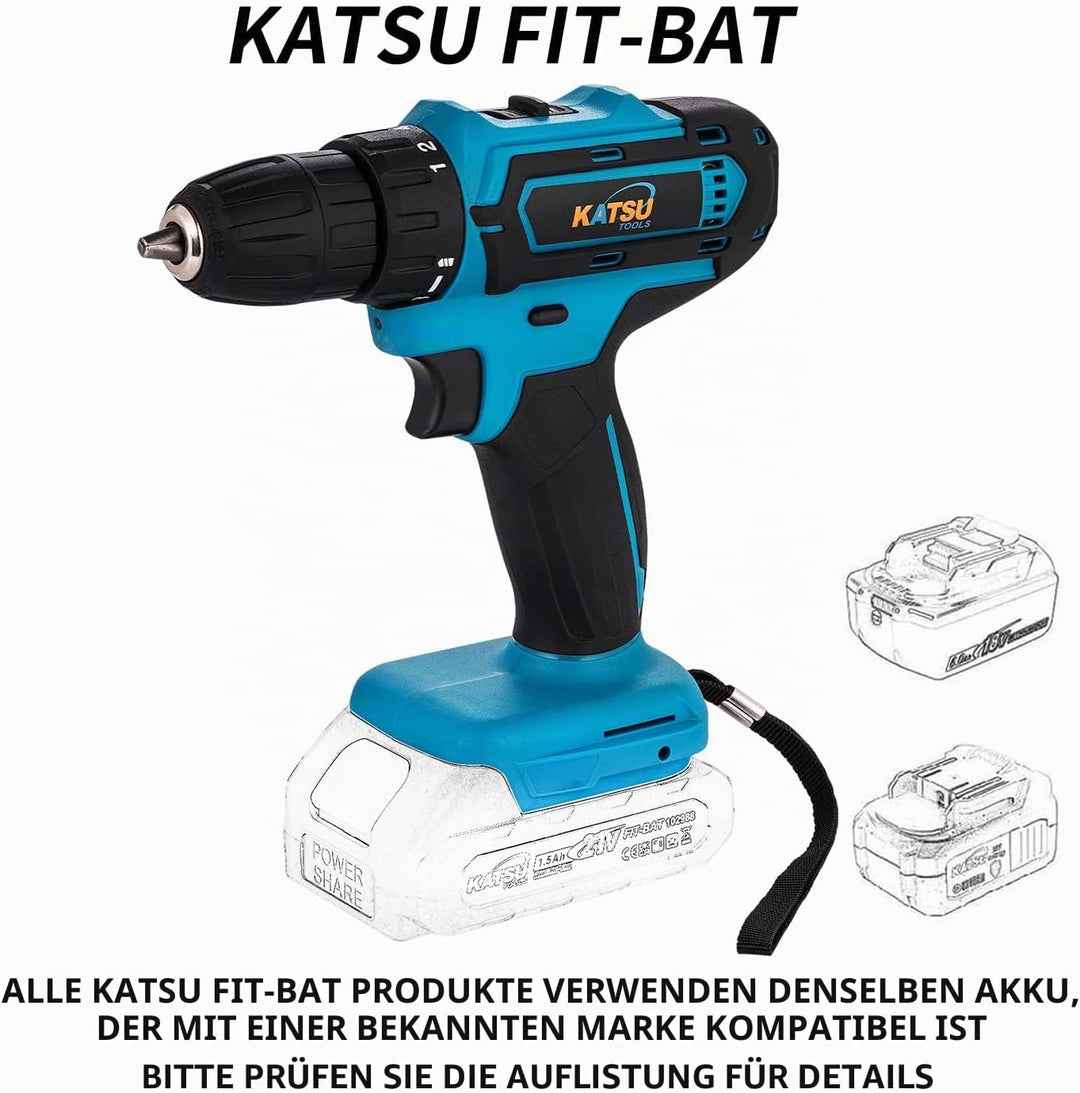 KATSU FIT-BAT 102623 Akku-Bohrschrauber, 21 V, 10 mm Schnellspannbohrfutter, 2 Gänge, LED-Licht, ide