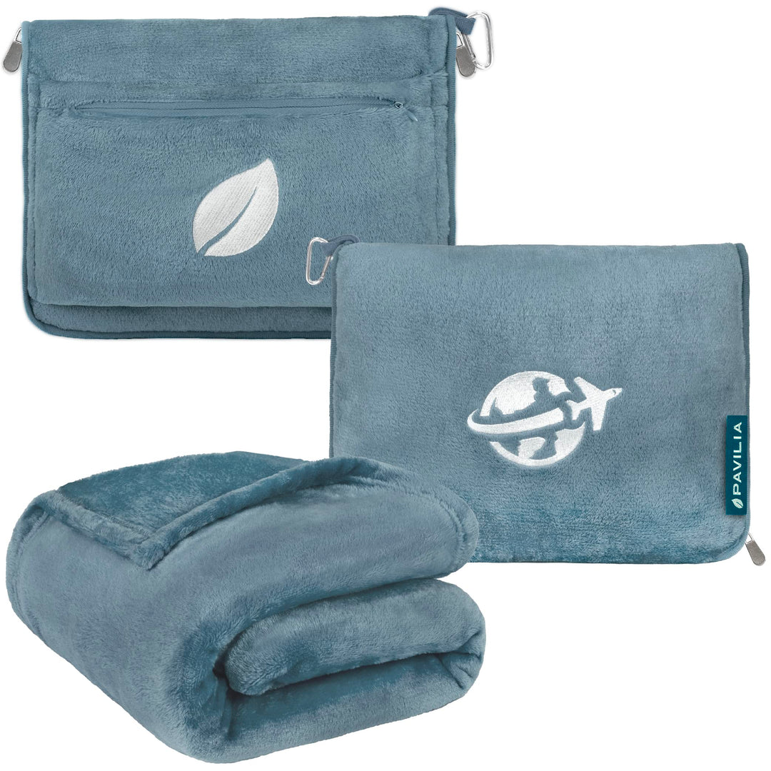 PAVILIA Reisedecke und Kissen-Set, Flugzeugdecke, kompakt, 2-in-1, weiche Tasche, Reisezubehör für E