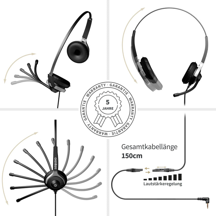 GEQUDIO Headset mit 2,5mm Klinke kompatibel mit Gigaset, Panasonic DECT Schnurlostelefon - Kopfhörer