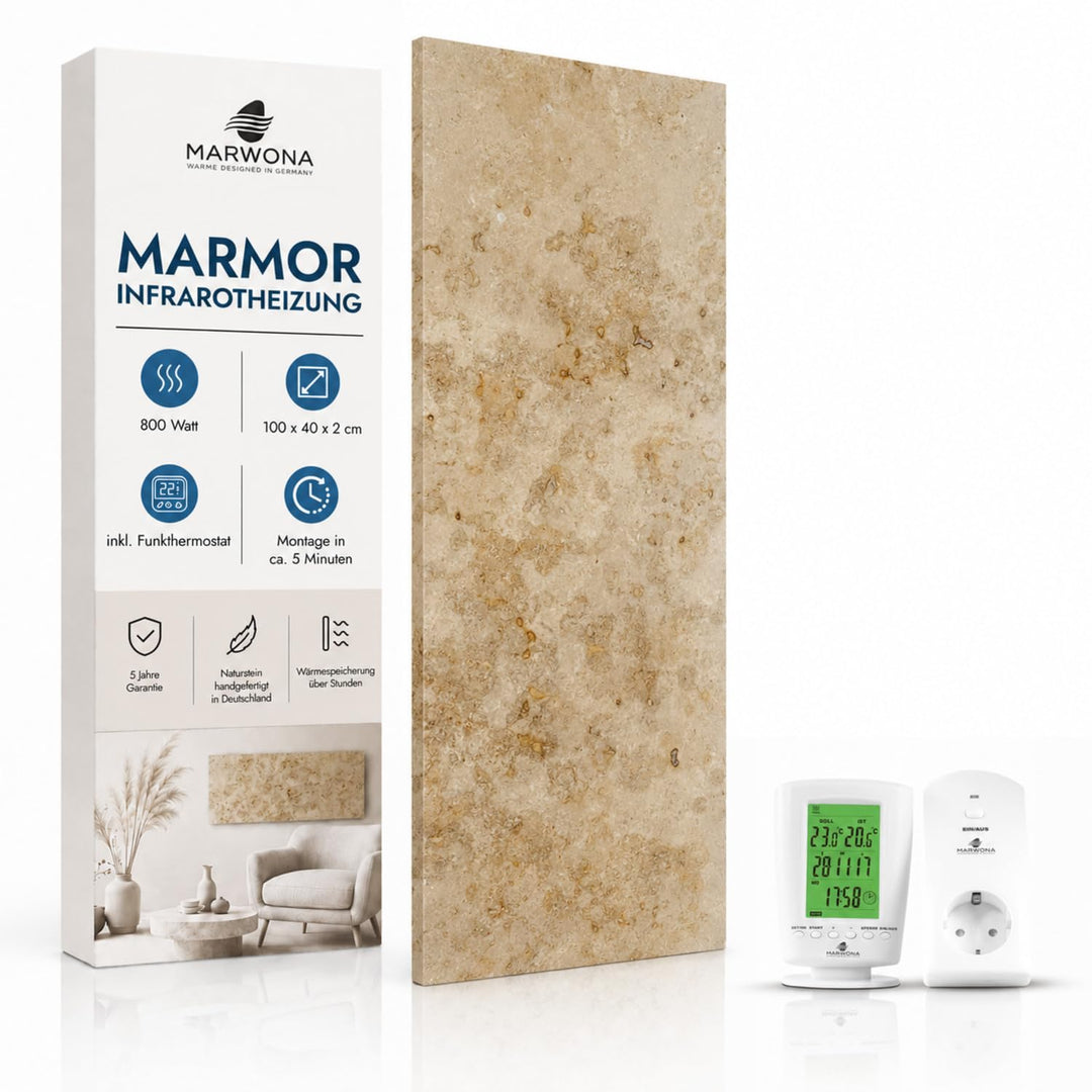 Marmor Infrarotheizung 800 Watt Jura – Massive Wandheizung aus deutschem Jura-Marmor, energiesparend