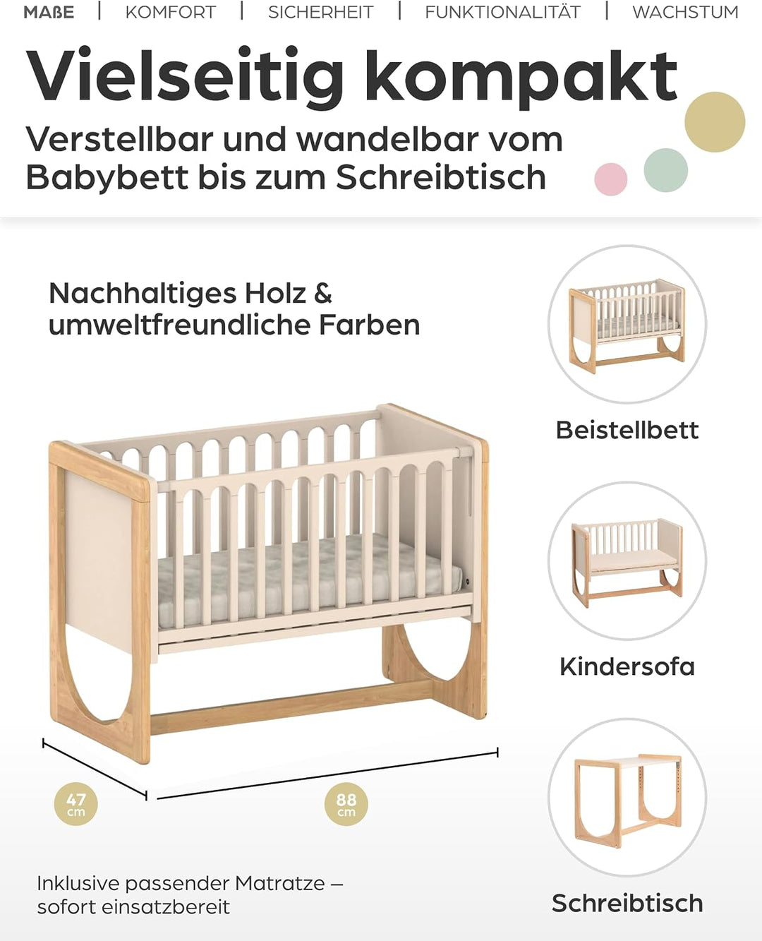 Geuther 4-in-1 Beistellbett Baby Hato, Baby Erstausstattung für Babyzimmer ab Geburt I Gitterbett um