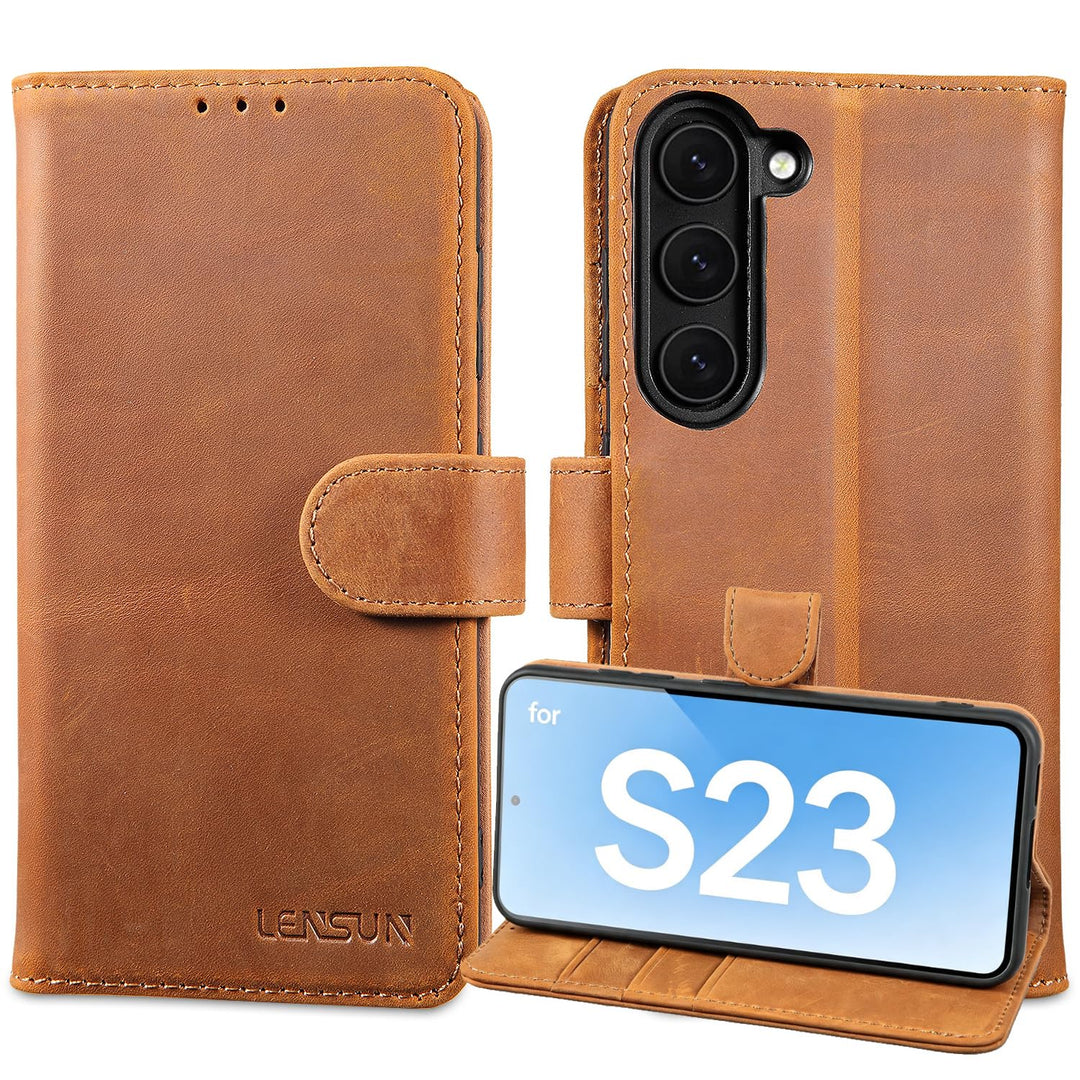 LENSUN Echtleder Hülle für Samsung Galaxy S23, Handyhülle [Echtes Leder] [Kartenfach] [RFID Schutz]