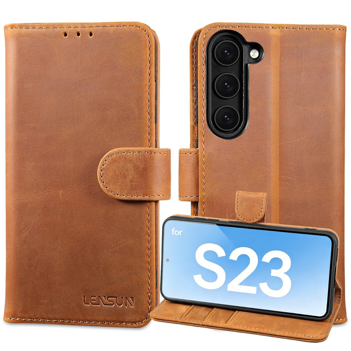 LENSUN Echtleder Hülle für Samsung Galaxy S23, Handyhülle [Echtes Leder] [Kartenfach] [RFID Schutz]