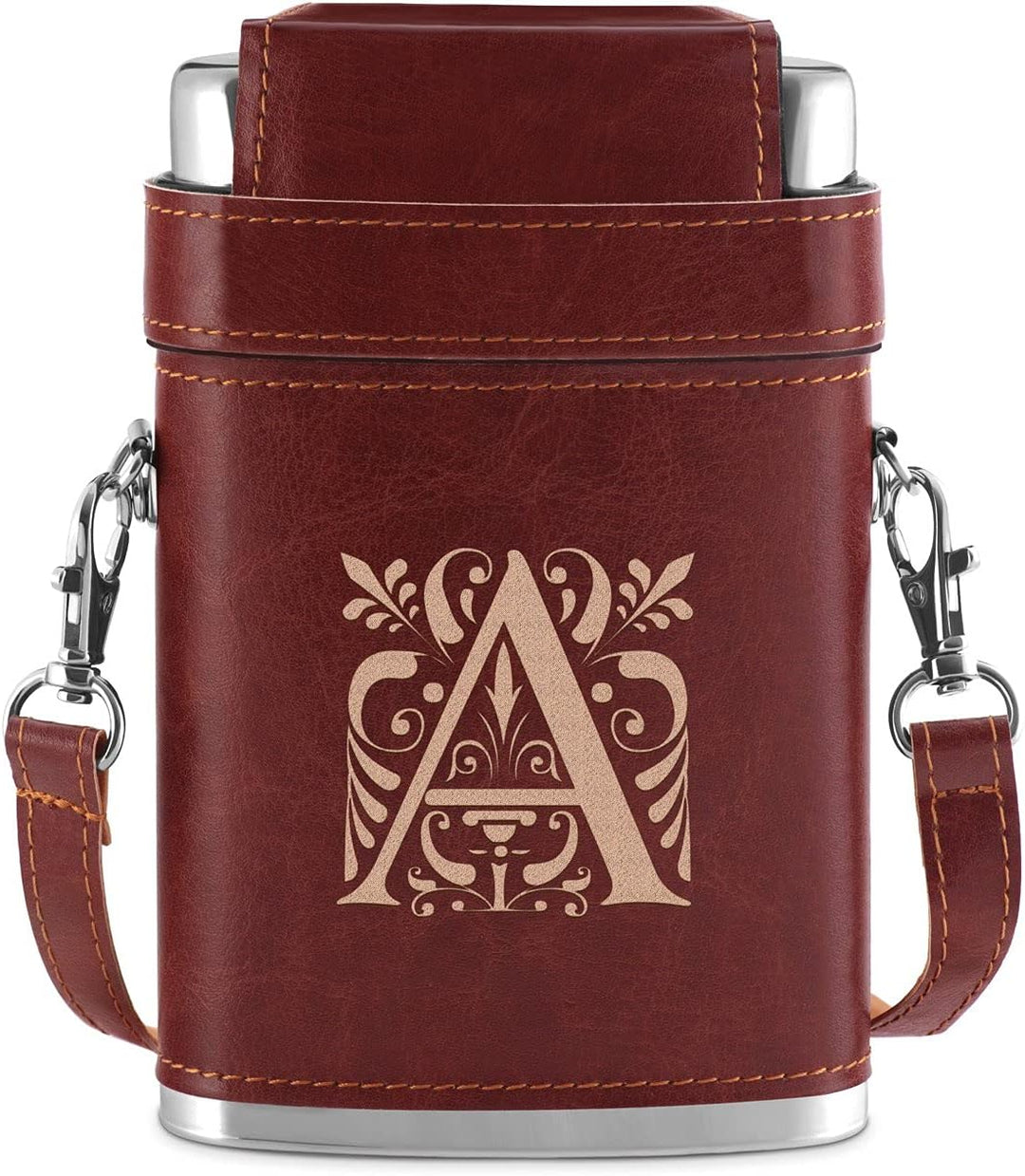 Maverton Flachmann mit Gravur - personalisiert - 250 ml - aus Edelstahl - 3x10 ml Pinnchen - Lederet