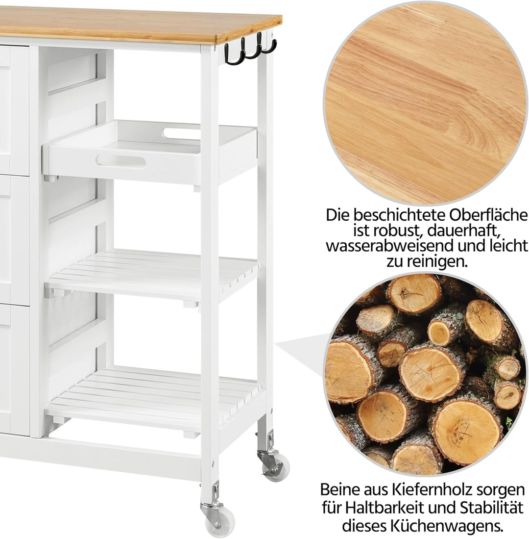 Yaheetech Bewegliche Kücheninseln Küchenwagen mit 3 Schubladen & 3 Ablagefächer Servierwagen auf Rol