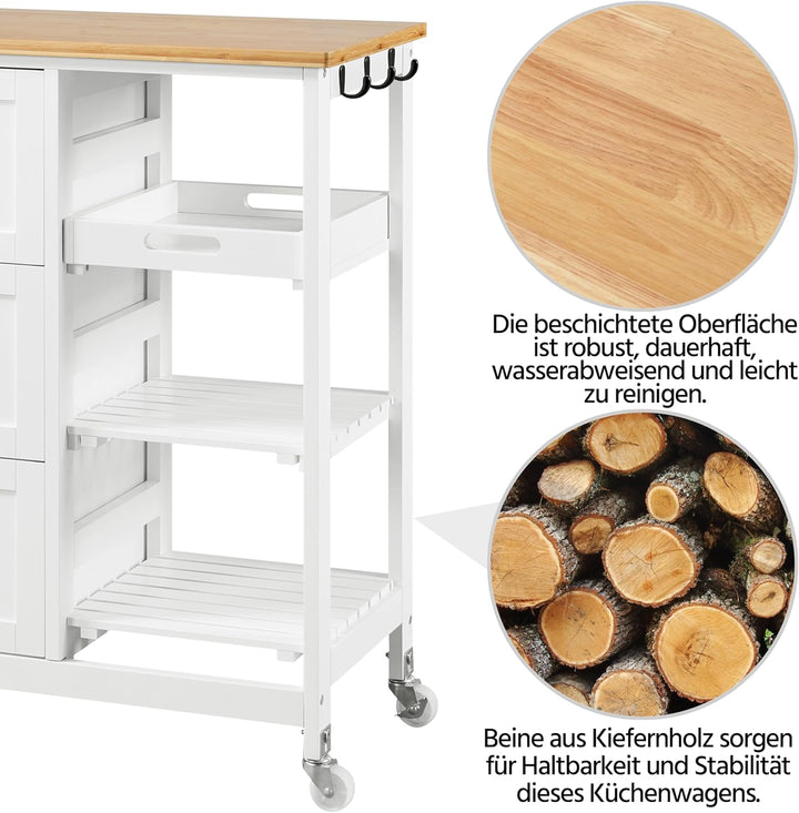 Yaheetech Bewegliche Kücheninseln Küchenwagen mit 3 Schubladen & 3 Ablagefächer Servierwagen auf Rol
