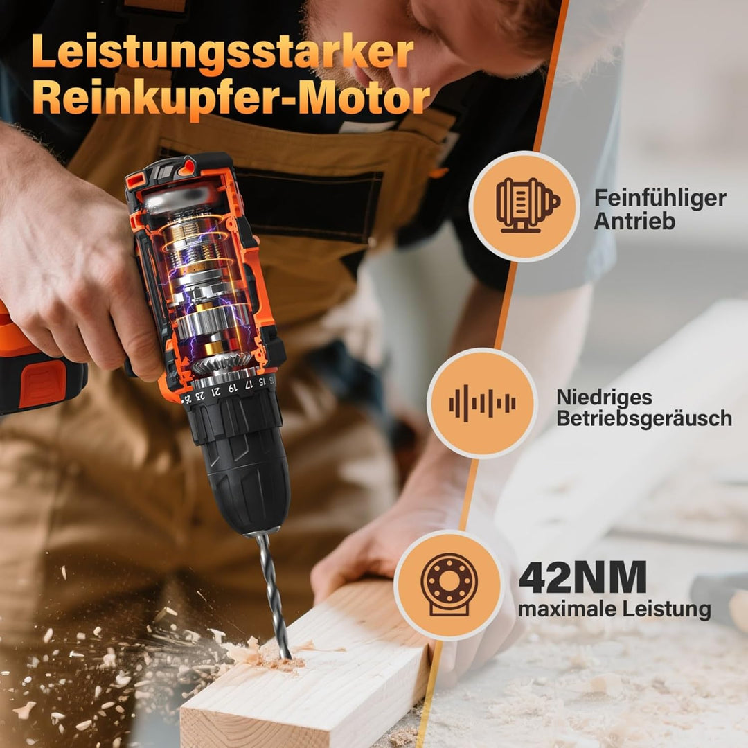 Akkuschrauber, 20V Akku Bohrschrauber Set mit 2 Akkus 2.0Ah, Akkubohrer 42Nm Drehmoment, 25+1 Drehmo