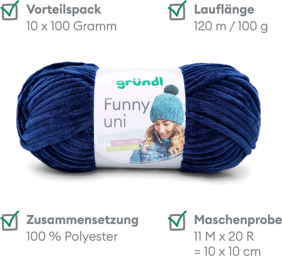 Gründl Funny uni Strick- & Häkelgarn (samtartiges Chenille-Garn aus 100% Polyester, 10 x 100 g / 120