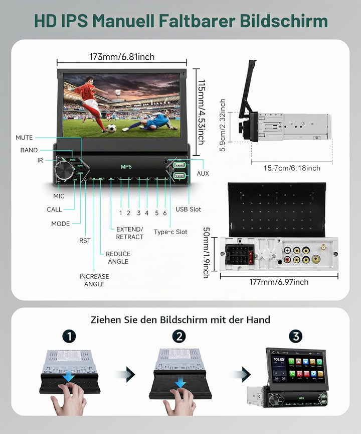 1 DIN Wireless Carplay Autoradio mit 7-Zoll manuell versenkbarem Touchscreen, Single Din Bluetooth R